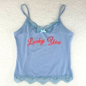 Virghoes Powder Blue Lacy Cami with red text printed Lucky You